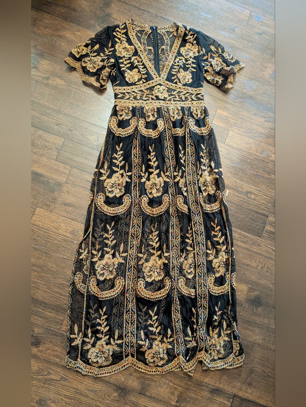 Black Bohemian Boho Maxi Dress with Gold Floral Embroidery